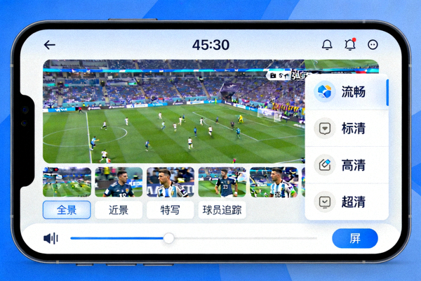 APP内足球比赛直播画面，展示多镜头切换按钮和清晰度选择菜单