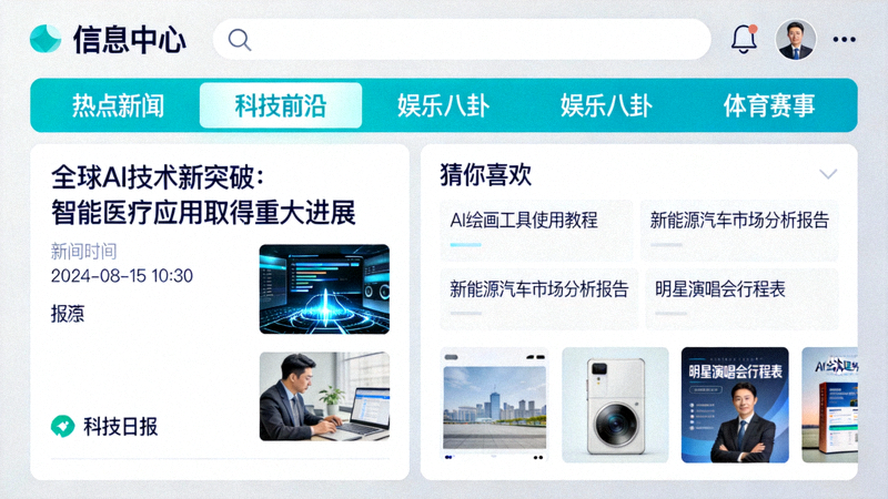 APP资讯中心页面截图，展示分类清晰的新闻列表和个性化推荐板块