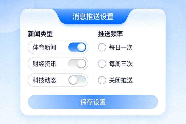 Kaiyun开云APP的消息推送设置界面，展示用户自定义新闻类型和推送频率的选项