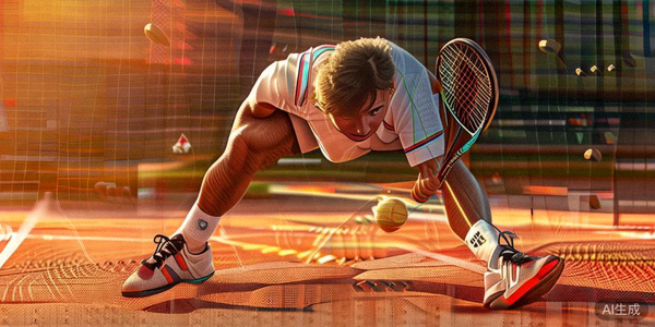 网球选手在红土球场上发球的动作瞬间，展现力量与专注