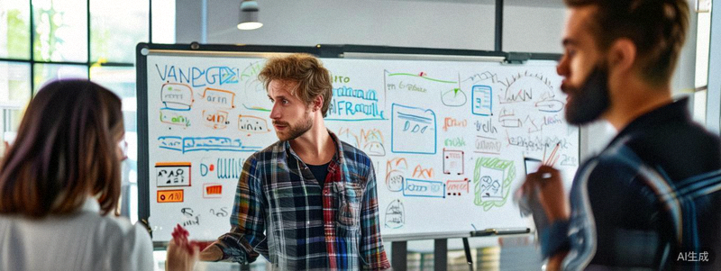 产品经理与开发团队讨论用户反馈并规划APP新功能的白板会议照片